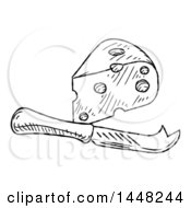 Clipart Of A Black And White Vintage Engraved Knife And Cheese Wedge Royalty Free Vector Illustration
