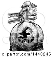 Poster, Art Print Of Black And White Engraved Or Woodcut Styled Hand Holding Out A Euro Burlap Money Bag Sack