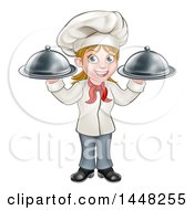 Poster, Art Print Of Cartoon Full Length Happy White Female Chef Holding Two Cloche Platters