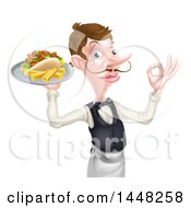 Cartoon Caucasian Male Waiter With A Curling Mustache Holding A Kebab Sandwich And Fries On A Tray And Gesturing Okay