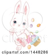Poster, Art Print Of Cute Easter Bunny Rabbit Walking With A Basket And Eggs Falling Out
