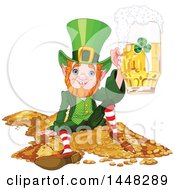 Poster, Art Print Of St Patricks Day Leprechaun Holding Up A Beer Mug And Sitting On A Pile Of Gold