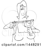 Clipart Of A Cartoon Black And White Lineart Woman Aiming A Sling Shot Royalty Free Vector Illustration