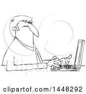 Poster, Art Print Of Cartoon Black And White Lineart Business Man Typing On A Laptop Computer