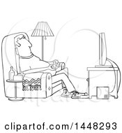 Clipart Of A Cartoon Black And White Lineart Man Paying Video Games In His Living Room Royalty Free Vector Illustration