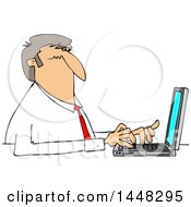 Cartoon White Business Man Typing On A Laptop Computer