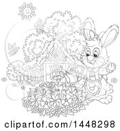 Poster, Art Print Of Cartoon Black And White Lineart Female Bunny Rabbit Watering A Flower Garden On A Spring Day