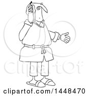 Poster, Art Print Of Cartoon Black And White Lineart Man Talking Through A Shoe As If It Were A Telephone