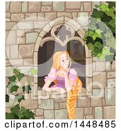 Poster, Art Print Of Beautiful Red Haired Blue Eyed Caucasian Woman Rapunzel With Her Hair Hanging Down From A Window