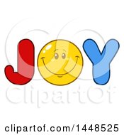 Clipart Of A Cartoon Happy Smiley Face Emoji In The Word JOY Royalty Free Vector Illustration