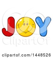 Clipart Of A Cartoon Happy Smiley Face Emoji In The Word JOY Royalty Free Vector Illustration