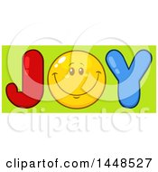 Clipart Of A Cartoon Happy Smiley Face Emoji In The Word JOY Over Green Royalty Free Vector Illustration