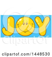 Poster, Art Print Of Cartoon Happy Smiley Face Emoji In The Word Joy Over Blue