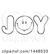Poster, Art Print Of Cartoon Black And White Lineart Happy Smiley Face Emoji In The Word Joy