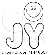 Poster, Art Print Of Cartoon Black And White Lineart Happy Smiley Face Emoji In The Word Joy