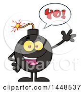 Clipart Of A Cartoon Waving Bomb Mascot Character With Legs And Arms With Yo Text Royalty Free Vector Illustration