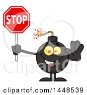 Poster, Art Print Of Cartoon Bomb Mascot Character With Legs And Arms Holding A Stop Sign