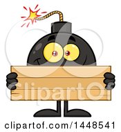 Clipart Of A Cartoon Bomb Mascot Character With Legs And Arms Holding A Blank Sign Royalty Free Vector Illustration
