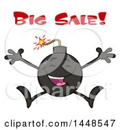 Poster, Art Print Of Cartoon Happy Jumping Bomb Mascot Character With Legs And Arms Under Big Sale Text