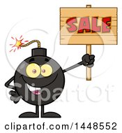 Clipart Of A Cartoon Bomb Mascot Character With Legs And Arms Holding Up A Sale Sign Royalty Free Vector Illustration