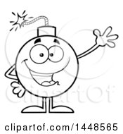 Poster, Art Print Of Cartoon Black And White Lineart Waving Bomb Mascot Character With Legs And Arms