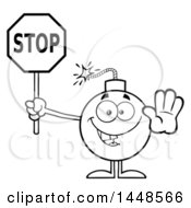 Clipart Of A Cartoon Black And White Lineart Bomb Mascot Character With Legs And Arms Holding A Stop Sign Royalty Free Vector Illustration