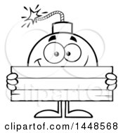 Poster, Art Print Of Cartoon Black And White Lineart Bomb Mascot Character With Legs And Arms Holding A Blank Sign