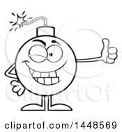 Poster, Art Print Of Cartoon Black And White Lineart Bomb Mascot Character With Legs And Arms Giving A Thumb Up