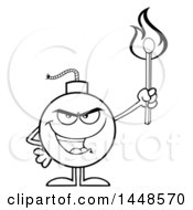 Clipart Of A Cartoon Black And White Lineart Bomb Mascot Character With Legs And Arms Holding A Match Royalty Free Vector Illustration