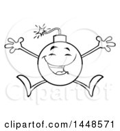 Poster, Art Print Of Cartoon Black And White Lineart Happy Jumping Bomb Mascot Character With Legs And Arms