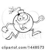 Poster, Art Print Of Cartoon Black And White Lineart Running Bomb Mascot Character With Legs And Arms