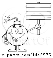 Poster, Art Print Of Cartoon Black And White Lineart Bomb Mascot Character With Legs And Arms Holding Up A Blank Sign