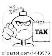 Poster, Art Print Of Cartoon Black And White Lineart Bomb Mascot Character With Legs And Arms Pointing Outwards And Holding A Tax Sign