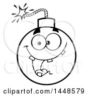 Poster, Art Print Of Cartoon Black And White Lineart Happy Bomb Mascot Character With Teeth