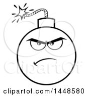 Clipart Of A Cartoon Black And White Lineart Angry Bomb Mascot Character Royalty Free Vector Illustration