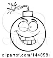 Clipart Of A Cartoon Black And White Lineart Winking Bomb Mascot Character Royalty Free Vector Illustration