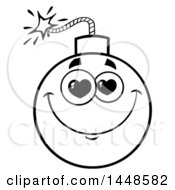 Clipart Of A Cartoon Black And White Lineart Amorous Bomb Mascot Character Royalty Free Vector Illustration
