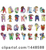 Poster, Art Print Of Doodled Sketch Of Stick Children And Colorful Alphabet Letters