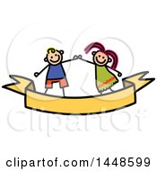 Clipart Of A Doodled Sketch Of Stick Children Dancing Or Holding Hands Over A Ribbon Banner Royalty Free Vector Illustration
