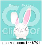 Poster, Art Print Of Happy Easter Greeting With A Cute White Bunny Rabbit On Turquoise