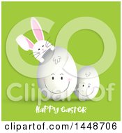 Poster, Art Print Of Happy Easter Greeting With A Cute White Bunny Rabbit And Smiling Eggs On Green
