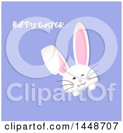 Poster, Art Print Of Happy Easter Greeting With A Cute White Bunny Rabbit Peeking From A Pocket On Purple