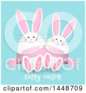 Poster, Art Print Of Happy Easter Greeting With Cute White Bunny Rabbits On Blue