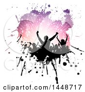 Poster, Art Print Of Crowd Of Silhouetted Dancers In A Purple Ray Splatter On White