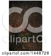 Clipart Of A 3d Female Figure In A Dark Foggy Forest Near A Castle Royalty Free Illustration