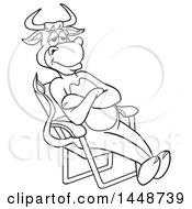 Clipart Of A Cartoon Black And White Lineart Cow Sitting Back In A Lawn Chair Royalty Free Vector Illustration