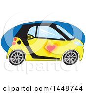 Poster, Art Print Of Cute Yellow And Black Smart Car With A Love Heart Over A Blue Oval