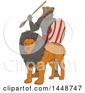 Poster, Art Print Of Sketched Drawing Styled African Warrior With A Spear And Shield Standing Behind A Lion
