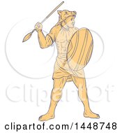 Poster, Art Print Of Sketched Drawing Styled African Warrior Holding A Spear And Shield