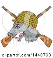 Poster, Art Print Of Sketched Drawing Styled Grey Wolf Head With A Wwii Helmet Over Crossed Rifles